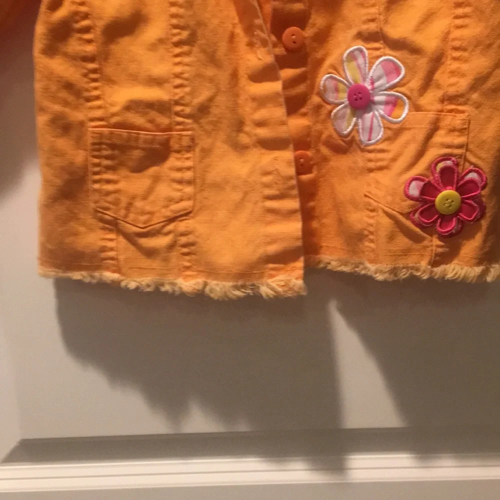 Orange embellished girls flower Jean jacket embroider raw hem no tag see below